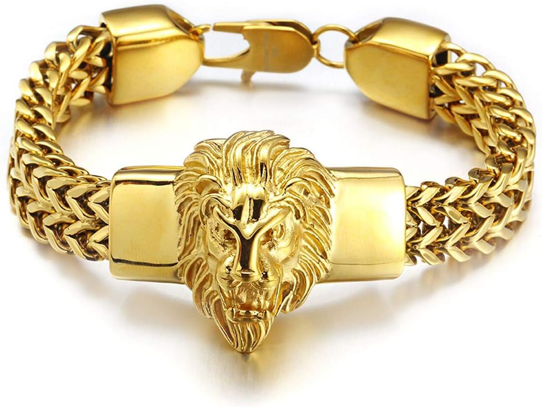 Mens Bracelet Stainless Steel Heavy 12mm Double Franco Chain Lion Head Bracelet Jewelry Men Biker…