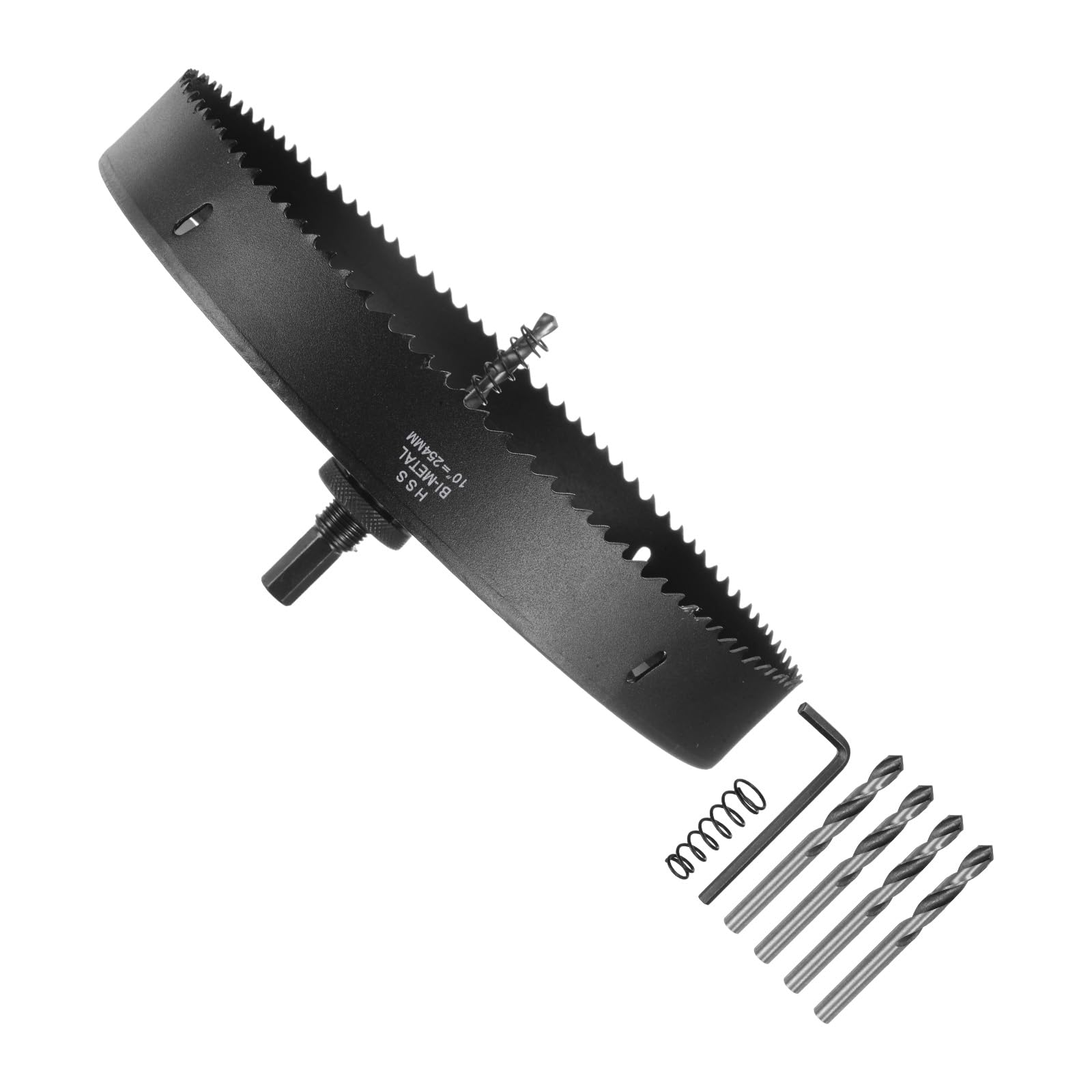 sourcing map Kit di seghe a tazza bimetalliche da 254 mm con 1 albero esagonale da 1/2", 5 punte da trapano centrali da 1/4", 2 molle, 1 chiave per legno, plastica, metallo morbido