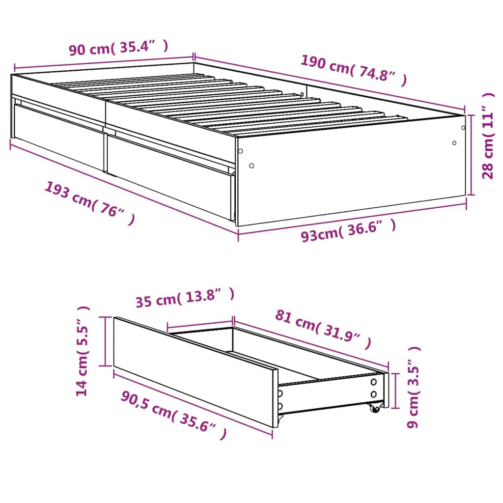 vidaXL Cama con cajones Madera de ingeniería Blanca 90x190 cm, Cama, Cama con almacenaje, Estructura de Cama Individual, Cama Individual