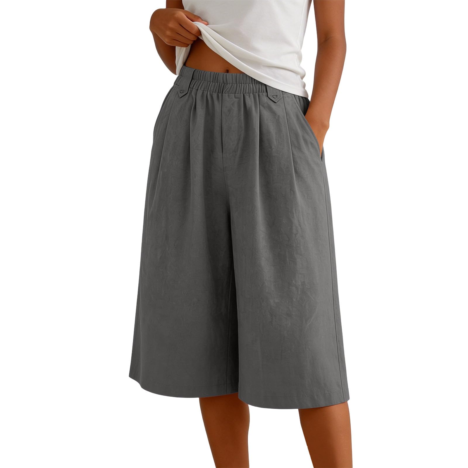 Generisch Damen Leinenhose Kurze 5/4 Hose Sommer Locker Fit Bermudas Große Größen Freizeithose mit Gummizug Weites Bein Stoffhose mit Taschen für Strand Urlaub