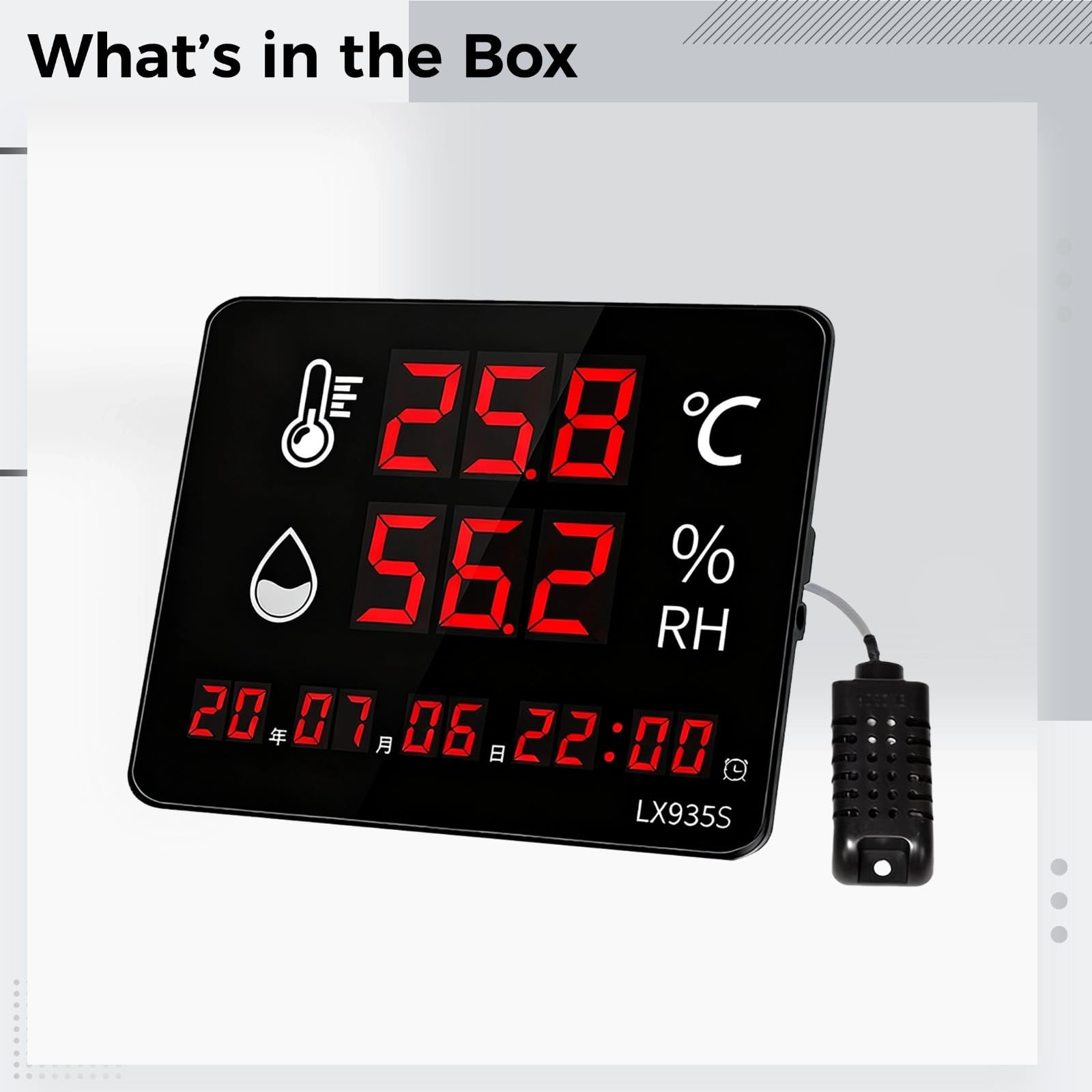 Monitor de temperatura alta y baja con sonda e higrómetro de 6.6 pies, pantalla digital LED grande, alertas visuales audibles, lecturas precisas