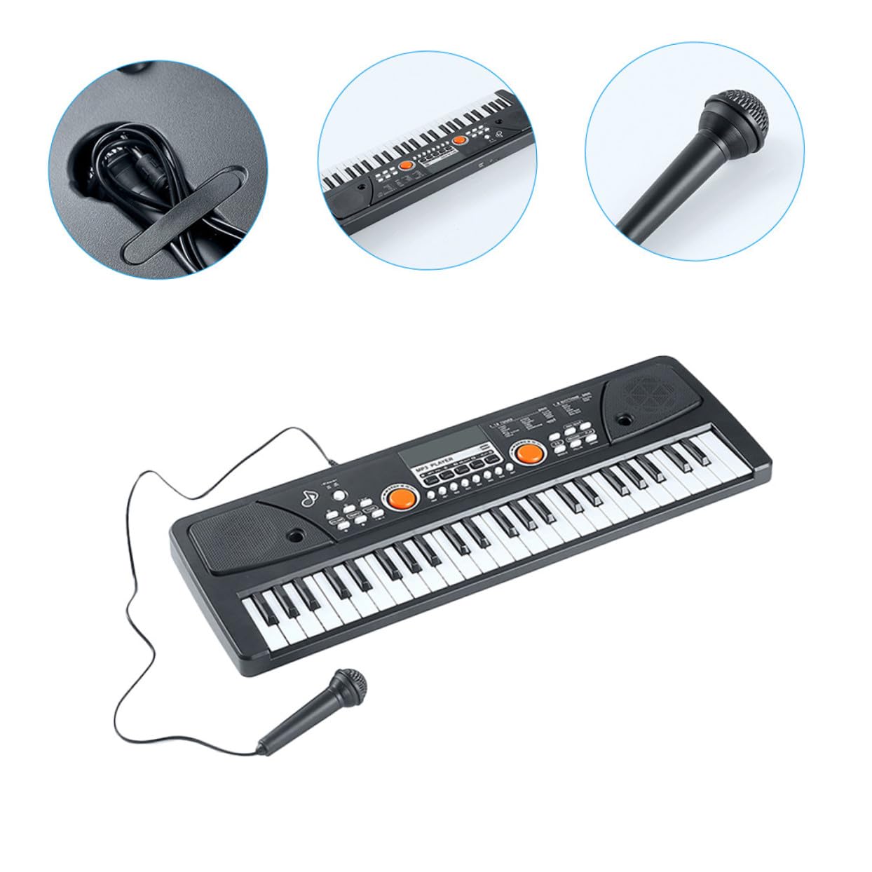 Piano Electrónico Infantil de 49 Teclas de Plástico Negro | Micrófono, 1 Juego, Superficie Lisa y Tacto Cómodo, Juguete Musical para Aprendizaje Temprano