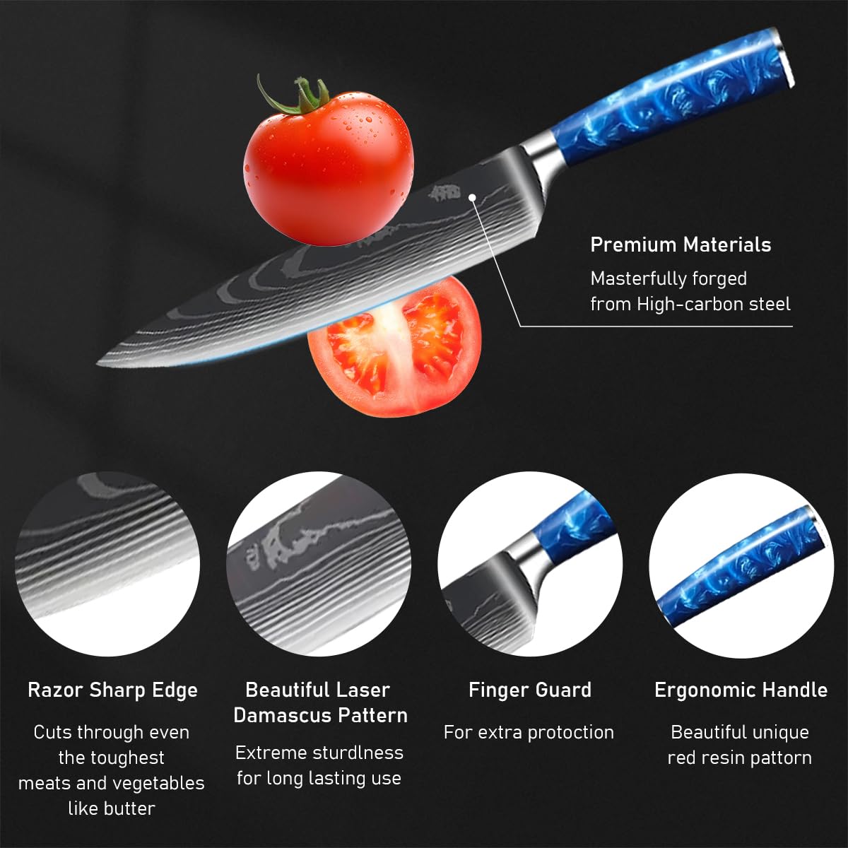 Messerblock Set, mit 10-teilige, Harzgriff, Kitchen knife Set mit Kochemesser, Brotmesser, Santokumesser, Schälmesser, Damast-Muster, Profi Kochmesser Set Geschenkbox (Blau)