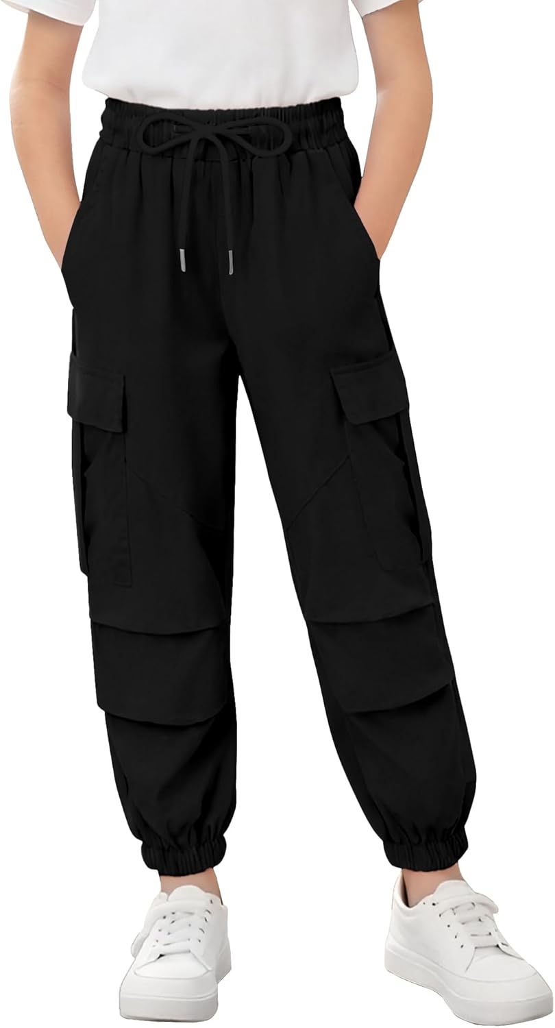 Latnnut Girls Cargo Pant Cotton Elastic Waist Joggers Pants for Kids Hiking Training Sweat Casual Trousers with Pockets