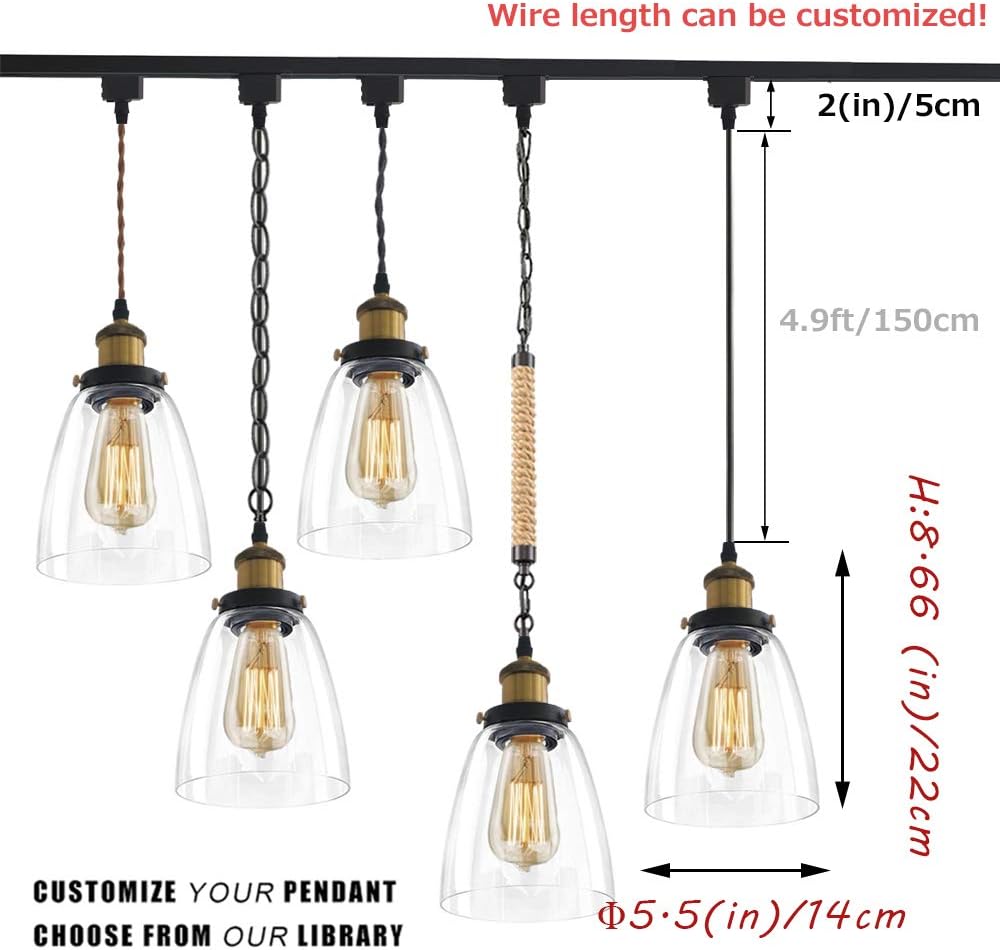 1-Ligh H-Type Track Light Pendants Restaurant Chandelier Glass Lampshade Pendant Light Industrial Dimmable Track Mount Pendant Lighting Fixtures Instant On Pendant Lamp Bulb Not Included