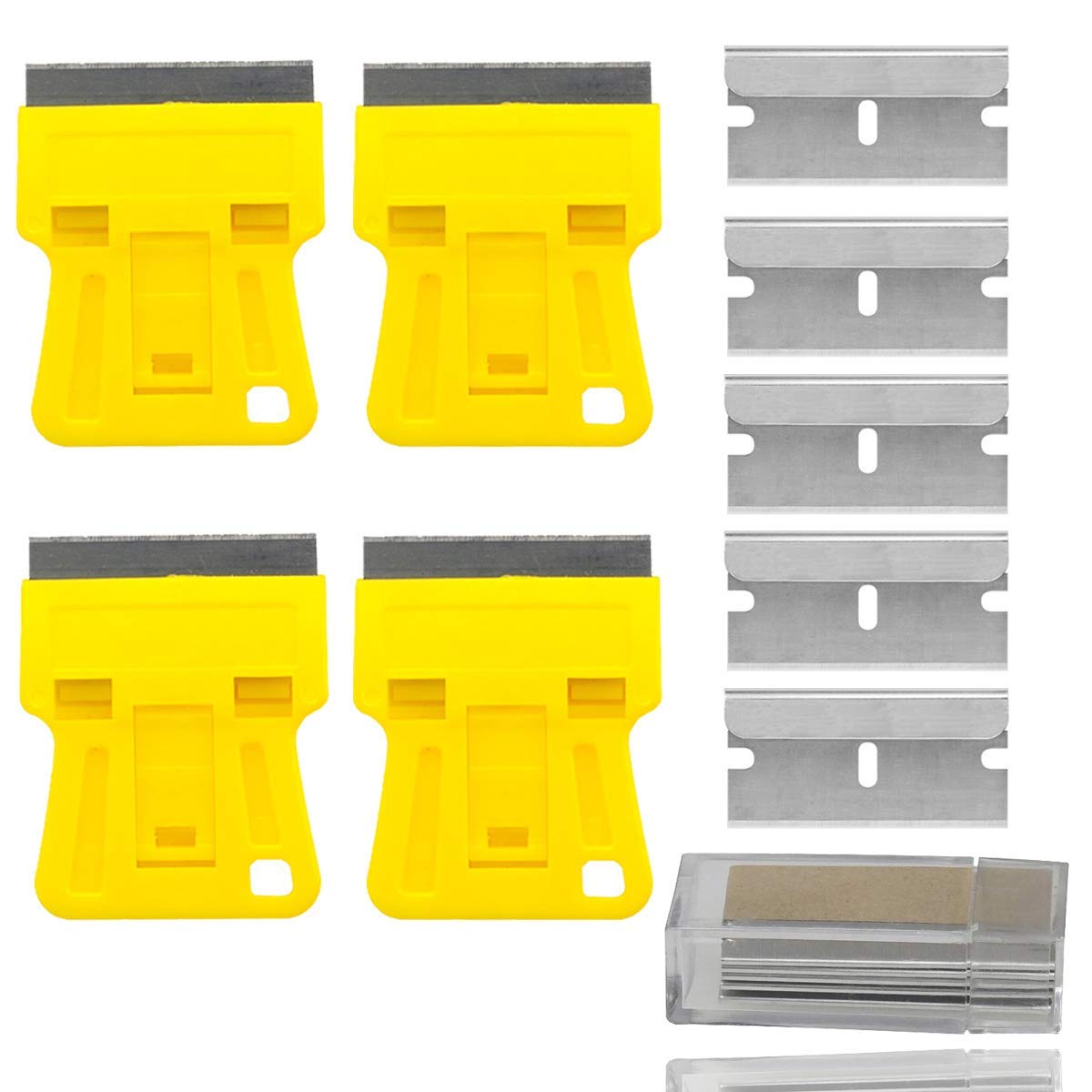 WEKOIL Mini Plastic Razor Blade Scraper High Visibility Bright Yellow Window Scraper Paint Scraper with 5 Spare Metal Razor Scraper Blades Stove Top