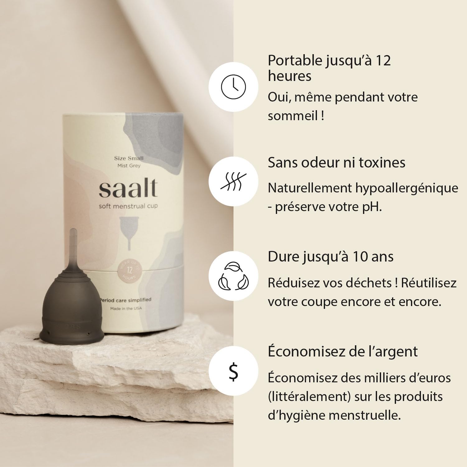 Saalt Soft Menstrual Cup – Coupe menstruelle réutilisable – Protection anti-fuites jusqu'à 12 heures – Sans BPA ni latex – Inclut une coupe et un sac de transport - taille Régulier, Gris
