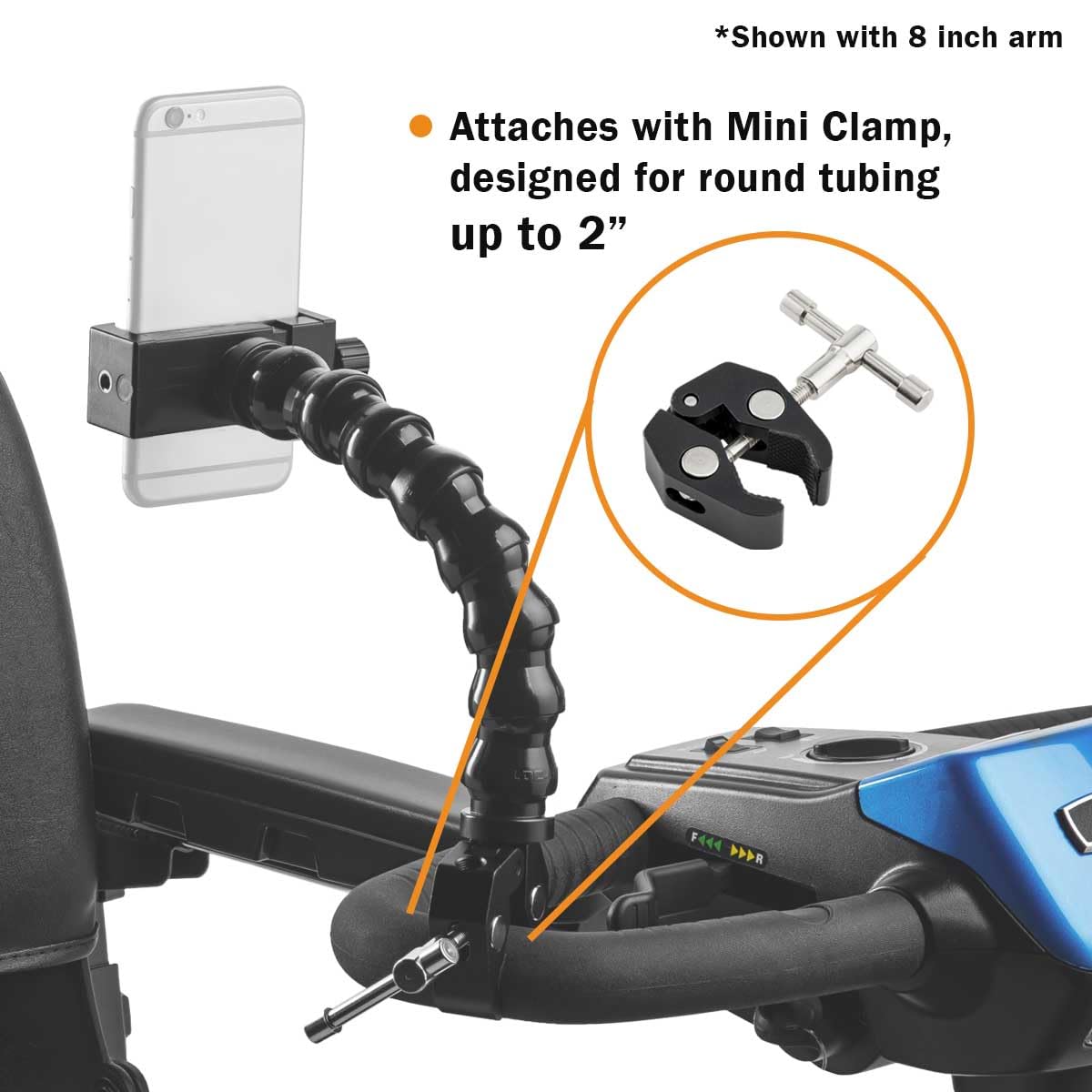ModularHose Soporte para teléfono con tecnología de asistencia con mini abrazadera, brazo de 14 pulgadas