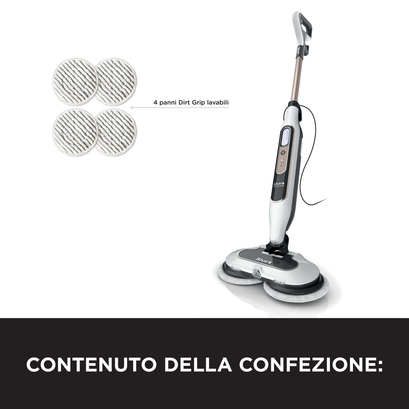 Shark Steam Mop, Scopa a Vapore Lavapavimenti Automatico con Steam Blaster, 2 Panni Lavabili Rotanti, 3 Modalità, Igienizza, Rimuove Macchie e Sporco, Tutti i Tipi di Pavimenti, Bianco/Grigio, S8201EU
