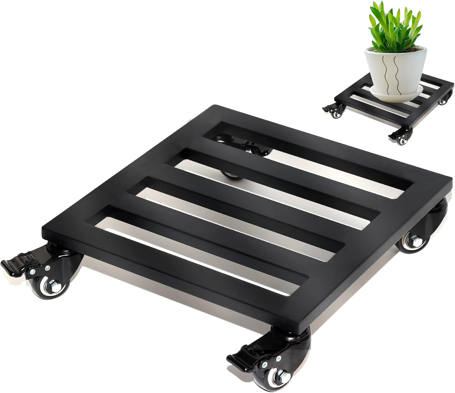 Plant Caddy with Wheels Lockable Heavy Duty Trolley Capacity 300 Lbs, Metal Cast Iron Plant Dolly, Plant Stand with Wheels Repositioning Heavy Pots 16Inch, Hauling Heavy Household Items - Black 16 In Black
