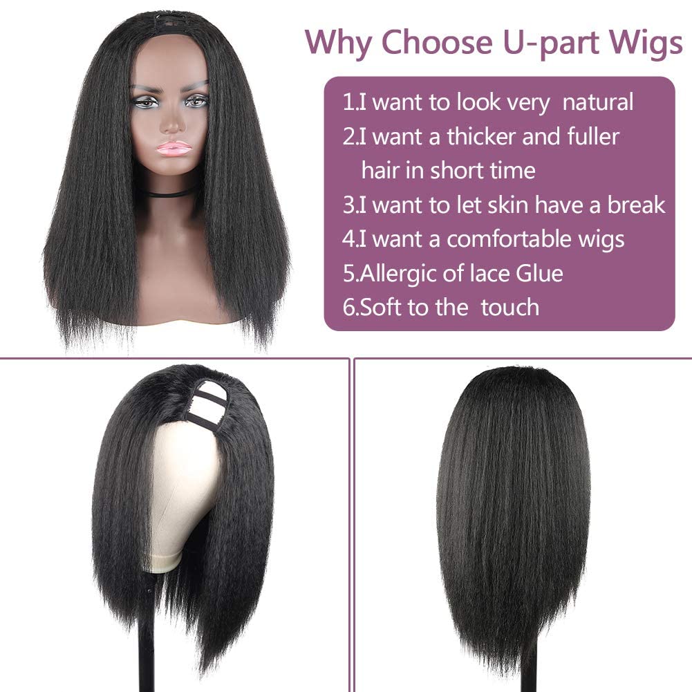 KRSI Kinky Straight U Part Wigs for Women Synthetic Yaki Straight Curly Black Wigs for Natural Hair Full Head U Shape Wig Clip in U Part Wig 180 Density 1B 16inch - Image 2
