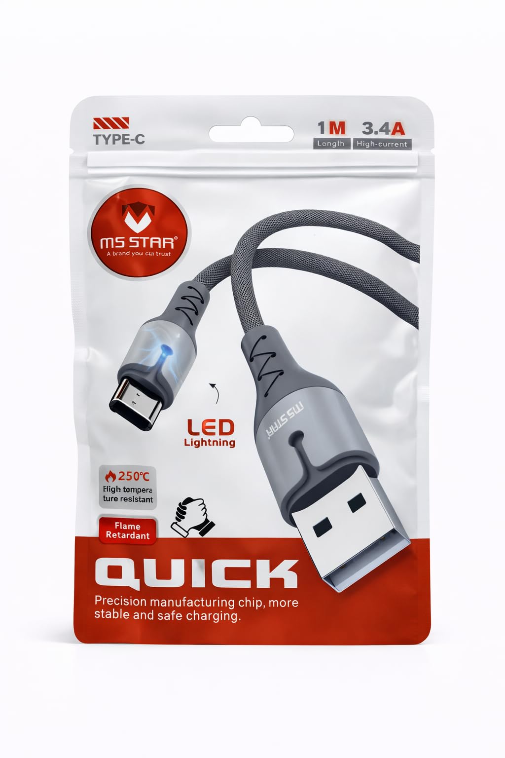 MS Star Cairo USB-A to Type-C Quick Data Cable, 120W Fast Charging, Nylon Braided, 6 Metres, White-image-10