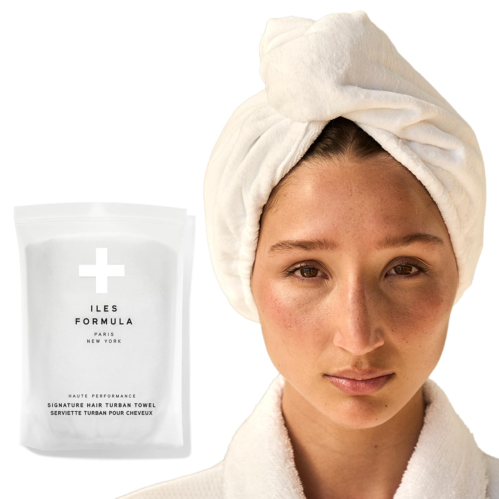 ILES FORMULA Hair Turban Towel – Fast-Absorbing Microfiber Towel, Secure Wrap with Button Loop System - Reduces Frizz, Breakage & Static, Extra-Large Fit for All Hair Types & Extensions, White