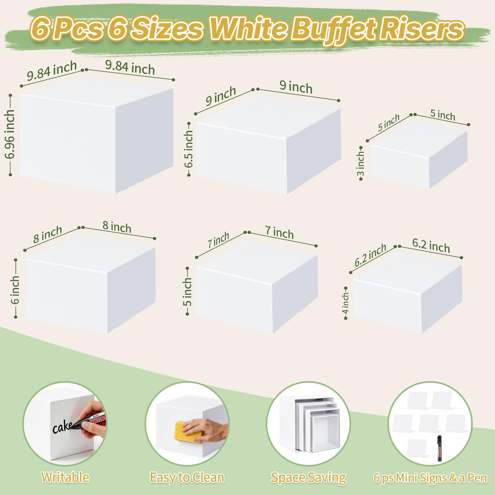 6 elevadores de buffet de 5 x 6 x 7 x 8 x 9 x 10 pulgadas, elevador de exhibición de pasteles de alimentos con letreros, acrílico, catering, postre, joyas, figuras coleccionables, decoración de mesa