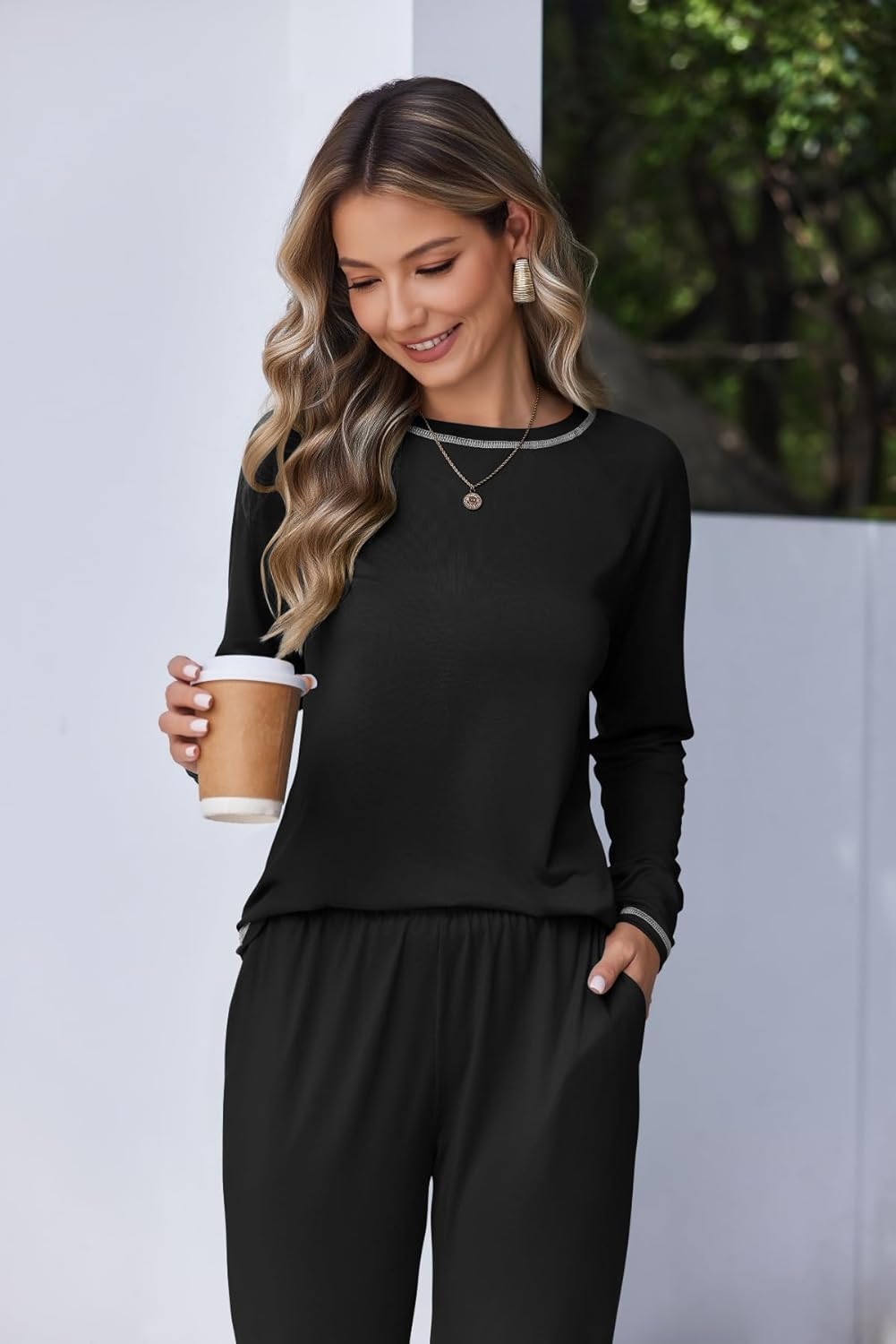 Ekouaer Women Pajama Sets 2 Piece Long Sleeves and Joggers Sleepwear Set Soft Pjs Lounge Set with Pockets - Image 3