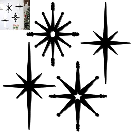 4 piezas de decoración de pared de estrella de hierro fundido de estilo moderno de mediados de siglo, arte de metal negro en forma de estrella,