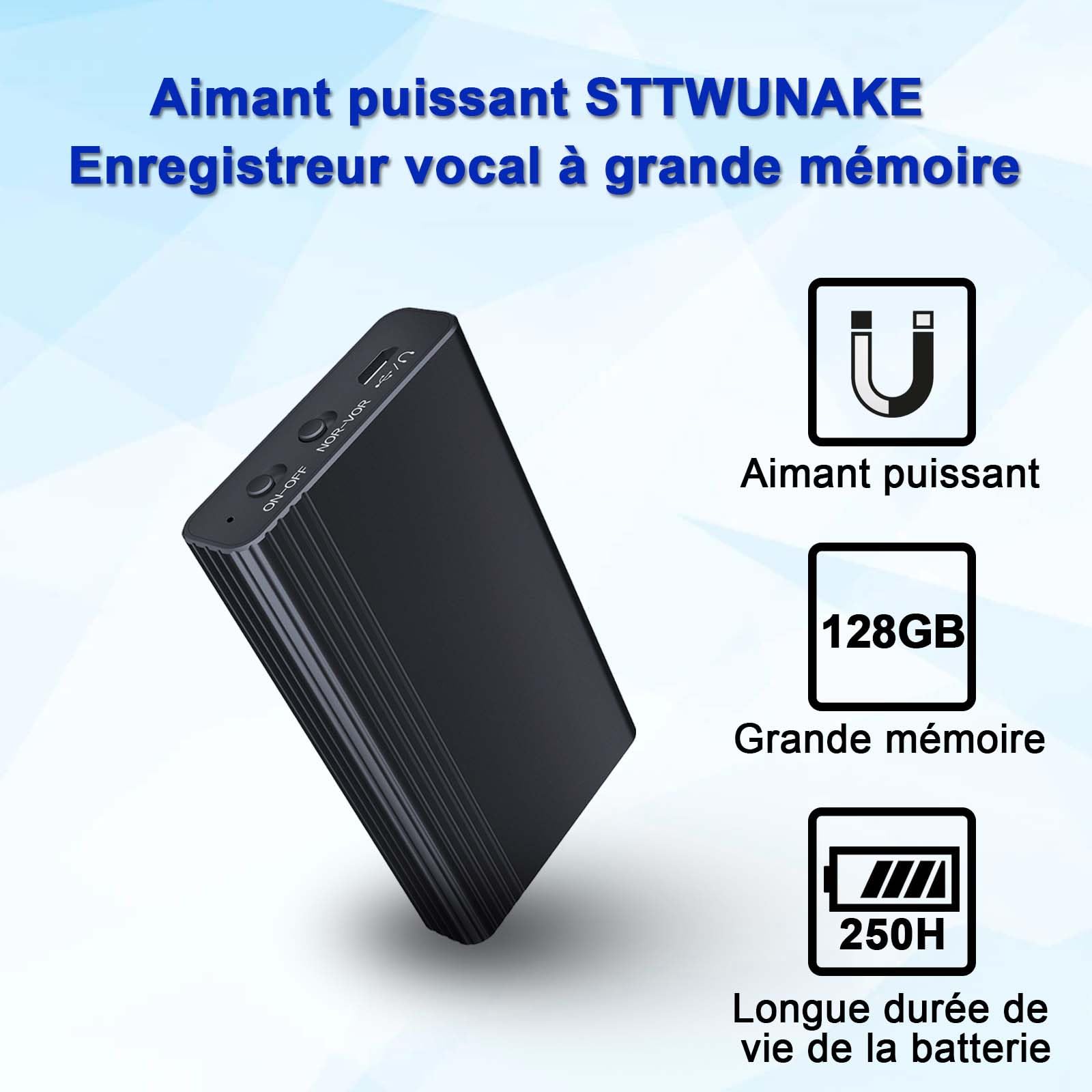 128G Mini dictaphone magnétique intégré, capacité de Stockage de 2000 Heures, Enregistrement continu Pendant 12 Jours, enregistreur Vocal numérique STTWUNAKE