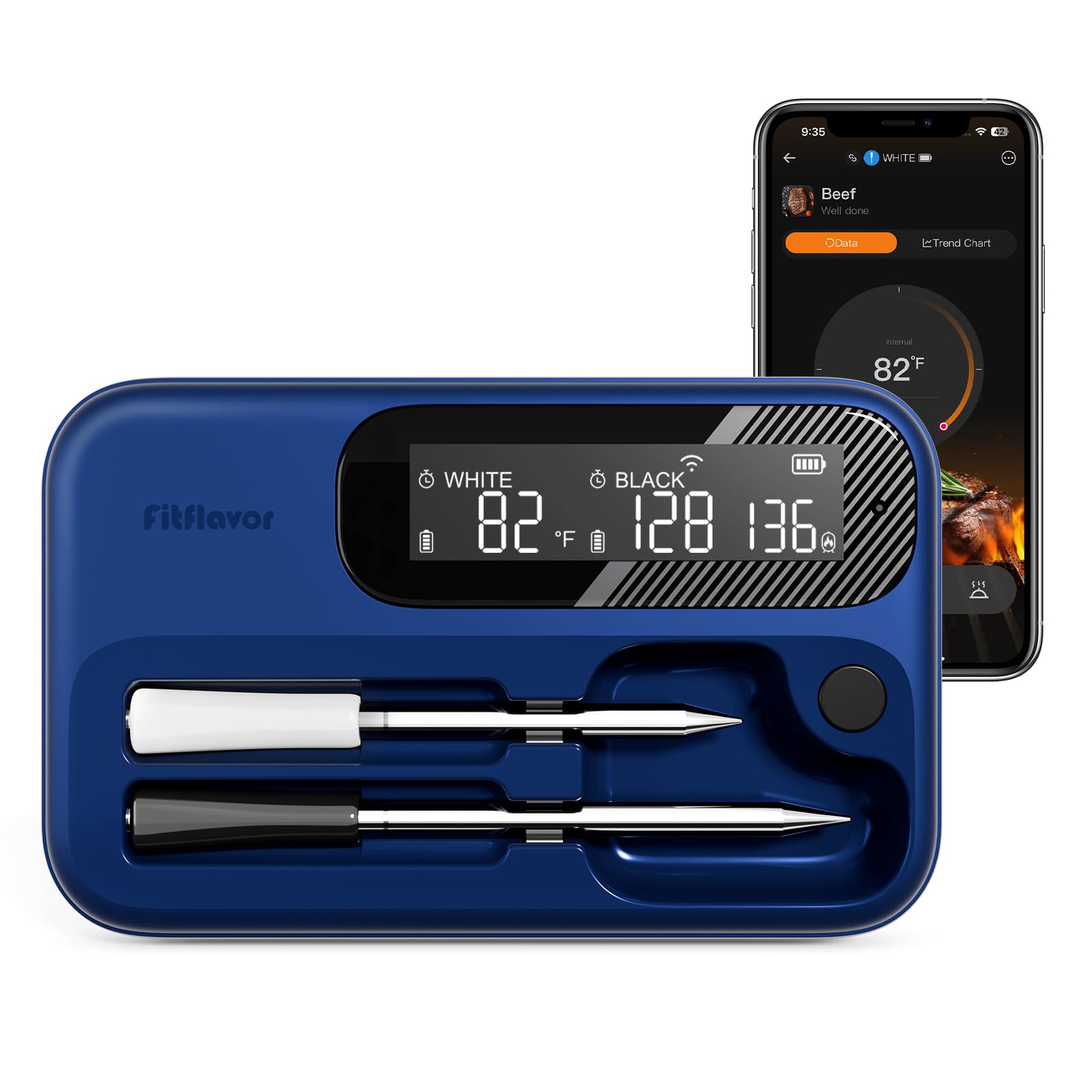 Drahtloses Fleischthermometer mit 2 Sonden, Bluetooth 5.4 & 5G WiFi Smart Fleischthermometer, Unbegrenzte Reichweite App gesteuertes BBQ Grillthermometer, LCD Display, IP67 Wasserdicht für Smoker Ofen