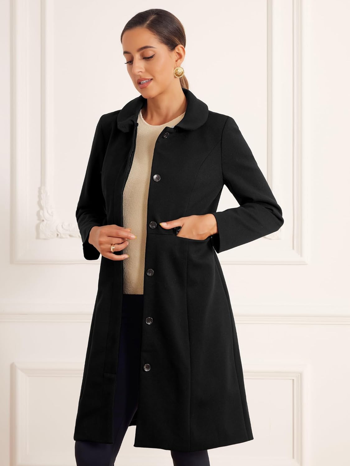 Elegant Black Winter Trench Overcoat