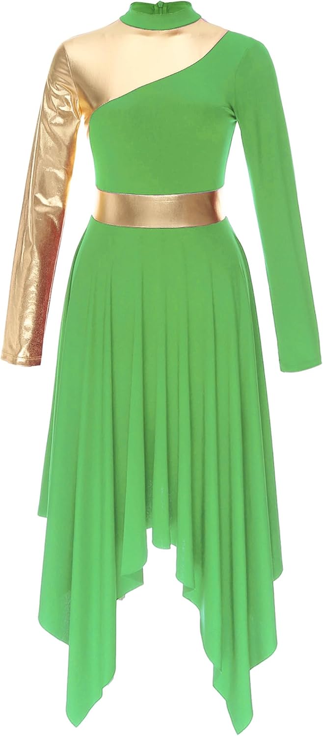 Womens Metallic Long Sleeve Praise Dance Dress Asymmetrical Hem Liturgical Lyrical Worship Costume