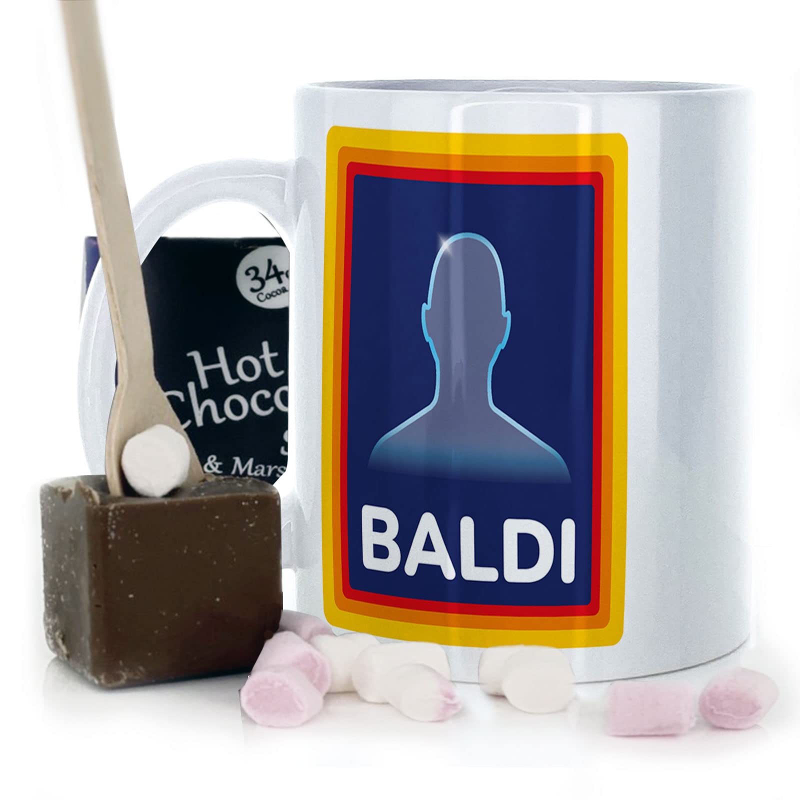 Hairyworm Aldi Inspired Funny Baldi Mug and Belgian Milk Chocolate/Hot Chocolate Stirrer Marshmallow Gift Set, 11oz, White, Yellow, Blue, Black, Pink, Dad, Father's Day โ image 1