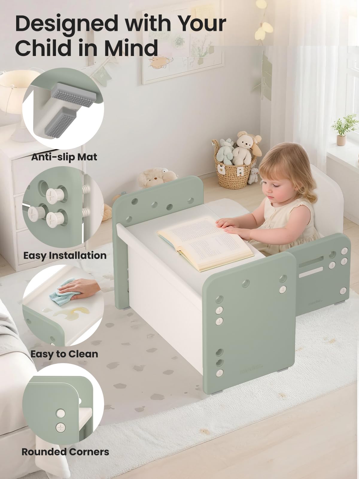 Table Enfant Réglable avec Chaise, Bureau Convertible Multifonctions Vert