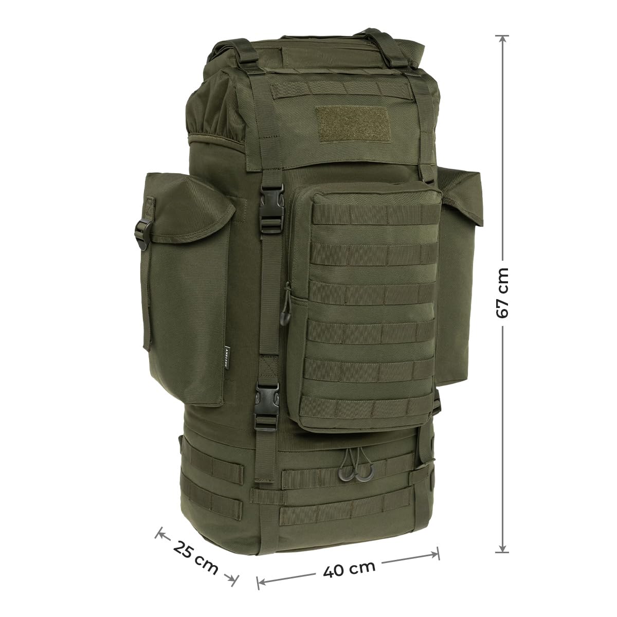 Tactical Fortex 65L Mochila Táctica – Oliva | Gran Mochila Militar & Trekking Hombre | Con Sistema MOLLE, Funda Impermeable | Ideal para Senderismo, Camping & Expediciones | 67×40×25 cm
