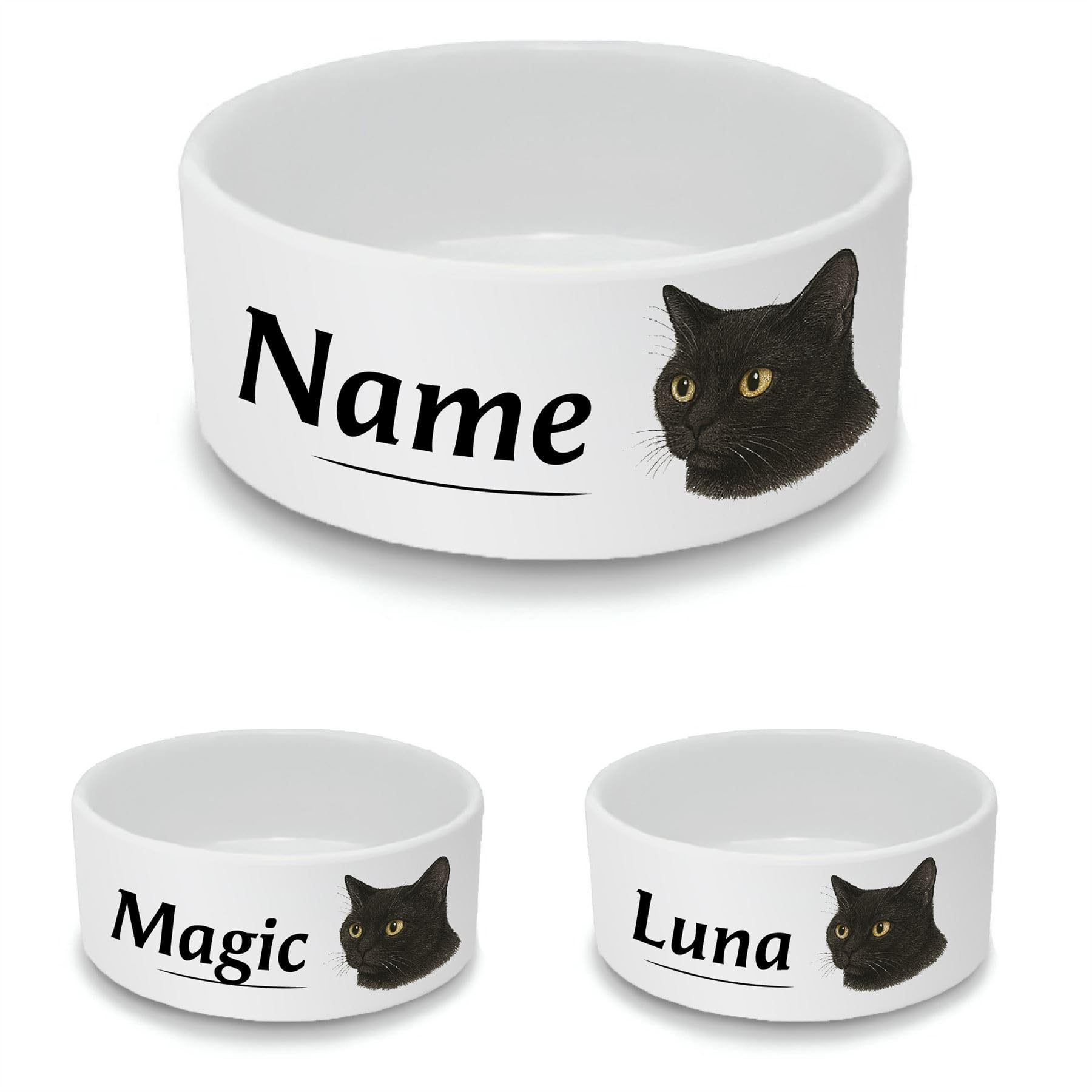 Personalised Ceramic Cat Bowl - Large White Pet Food Dish with Black Cat Design - Custom Name Cat Bowl 15cm Wide x 6cm Deep - Ideal for Medium to Large Cats — image 1