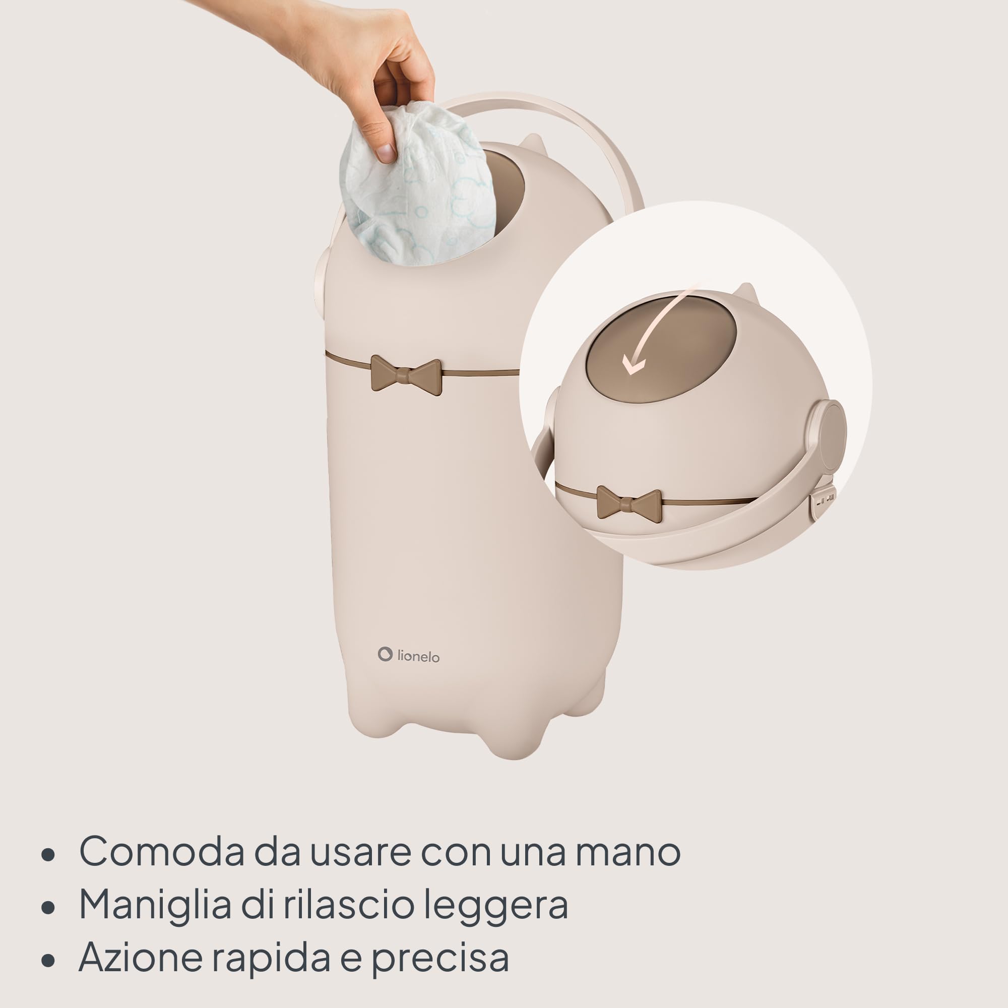 lionelo Purebin - Pattumiera per pannolini da 10 l, inodore e igienico, funziona con sacchetti universali per la spazzatura, meccanismo di controllo degli odori, funzionamento con una sola mano