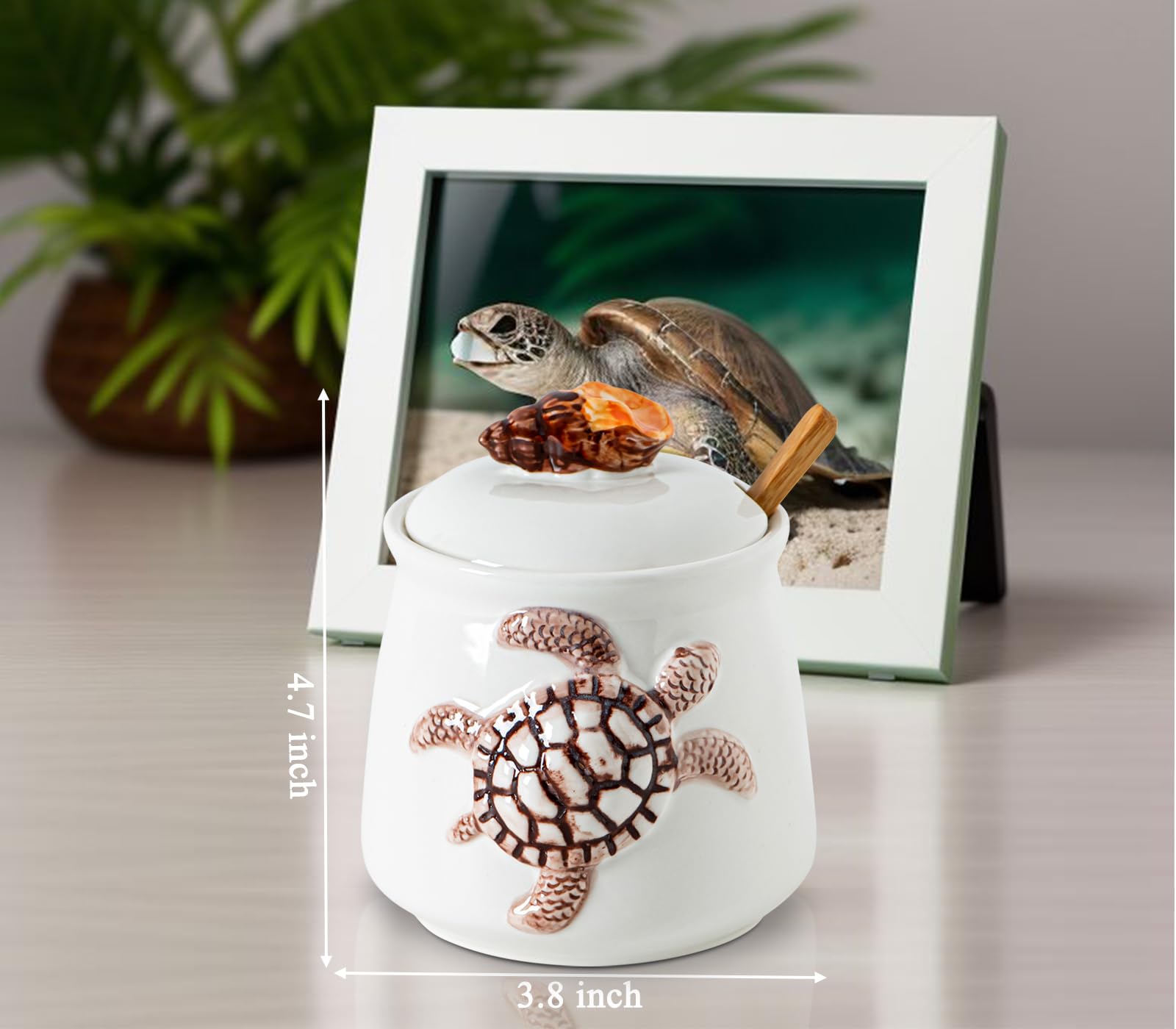dgudgu Azucarero de tortuga con tapa, tarro de azúcar de cerámica con tapas de caracola, contenedor de azúcar con cuchara, plato de azúcar blanco con tapa y cuchara, soporte para azúcar