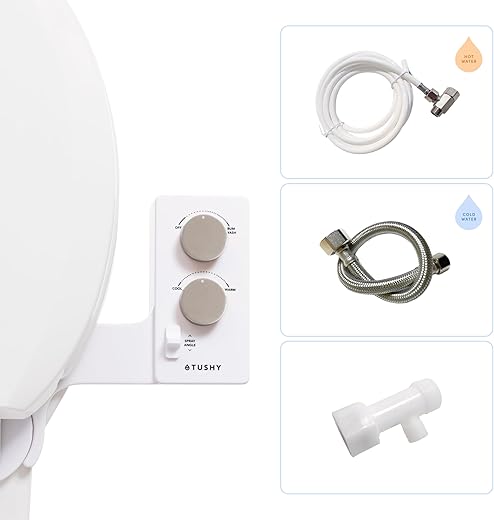 TUSHY Spa Warm Water Bidet Attachment for Toilet. Universal Fit, Easy Install (Requires Sink Access for Optional Temperature Control) Self Cleaning, Adjustable Pressure, Angle Control, Platinum Knob