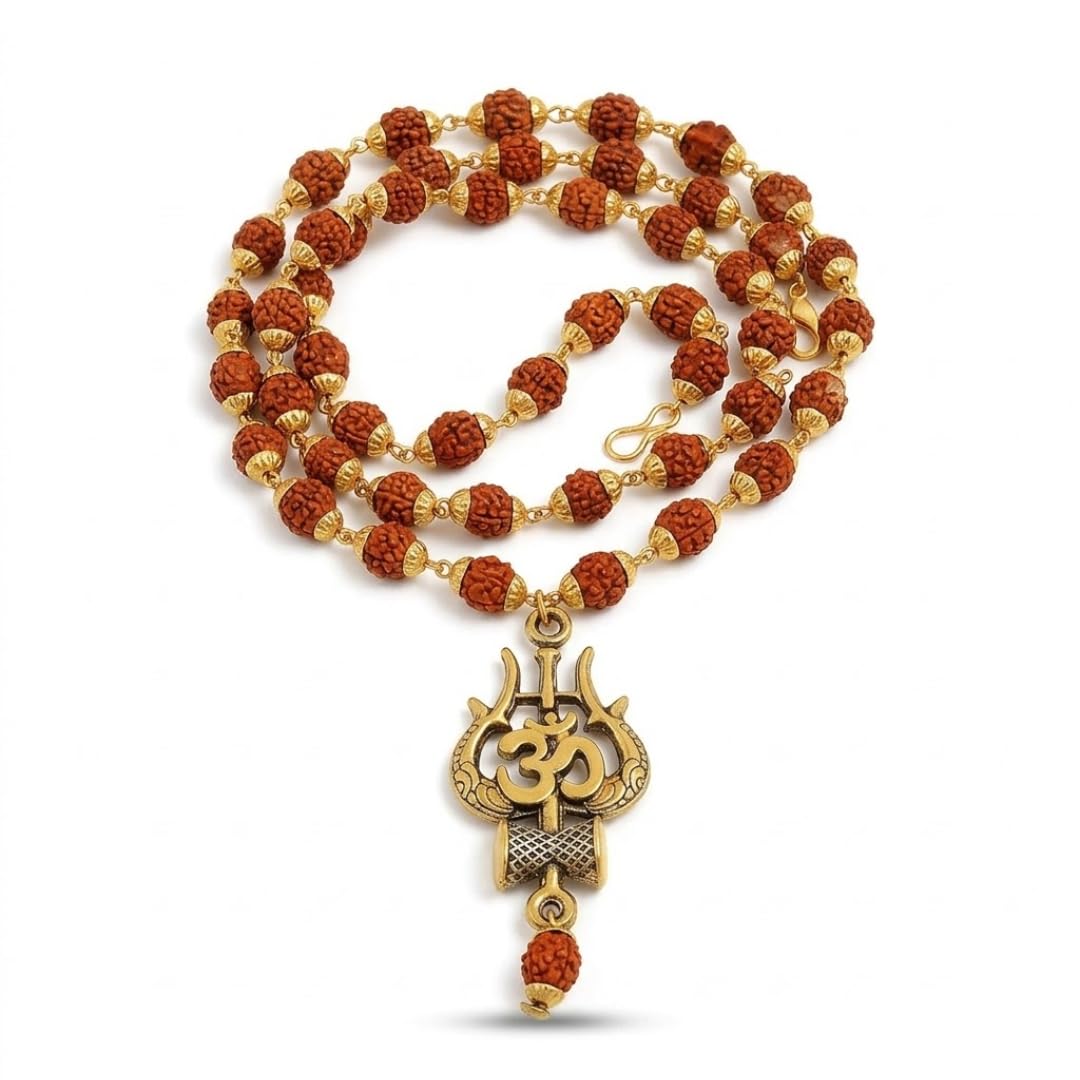 Gold-Plated Trishul-Damru Rudraksha Mala | Rudraksha Mala Original | Stylish Spiritual Wear for Men & Women | Kashi Rudraksha Om Mala Mahadev Bholenath Necklace for Jaap (Pack of 1)-image-17