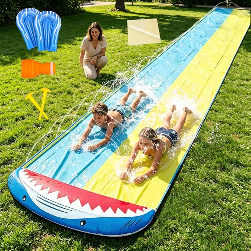 LYPPUL Toboggan Aquatique, 480 X 140cm Toboggan pour Pelouse Double, Tobogga À Eau avec Arroseur Et 2 Planches Gonflables, Tobogga Piscine Hors Sol Tobogan...