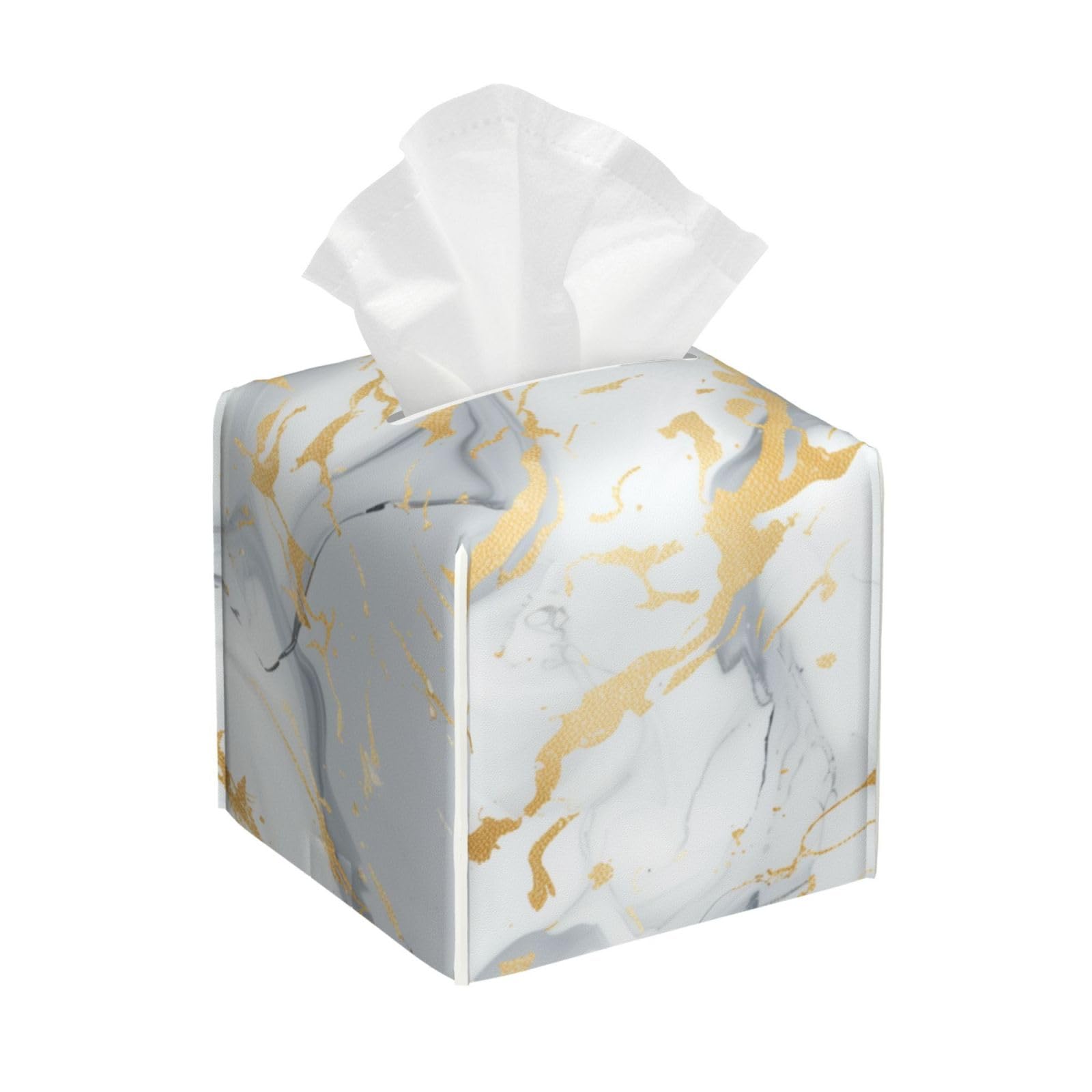 Square Tissue Box Cover, Leather Tissue Cube Box Holder, Geometric Marble Texture Print Facial Paper Case for Tabletop, Bathroom, Car, Office 5.2"x5.2"x5.2"in