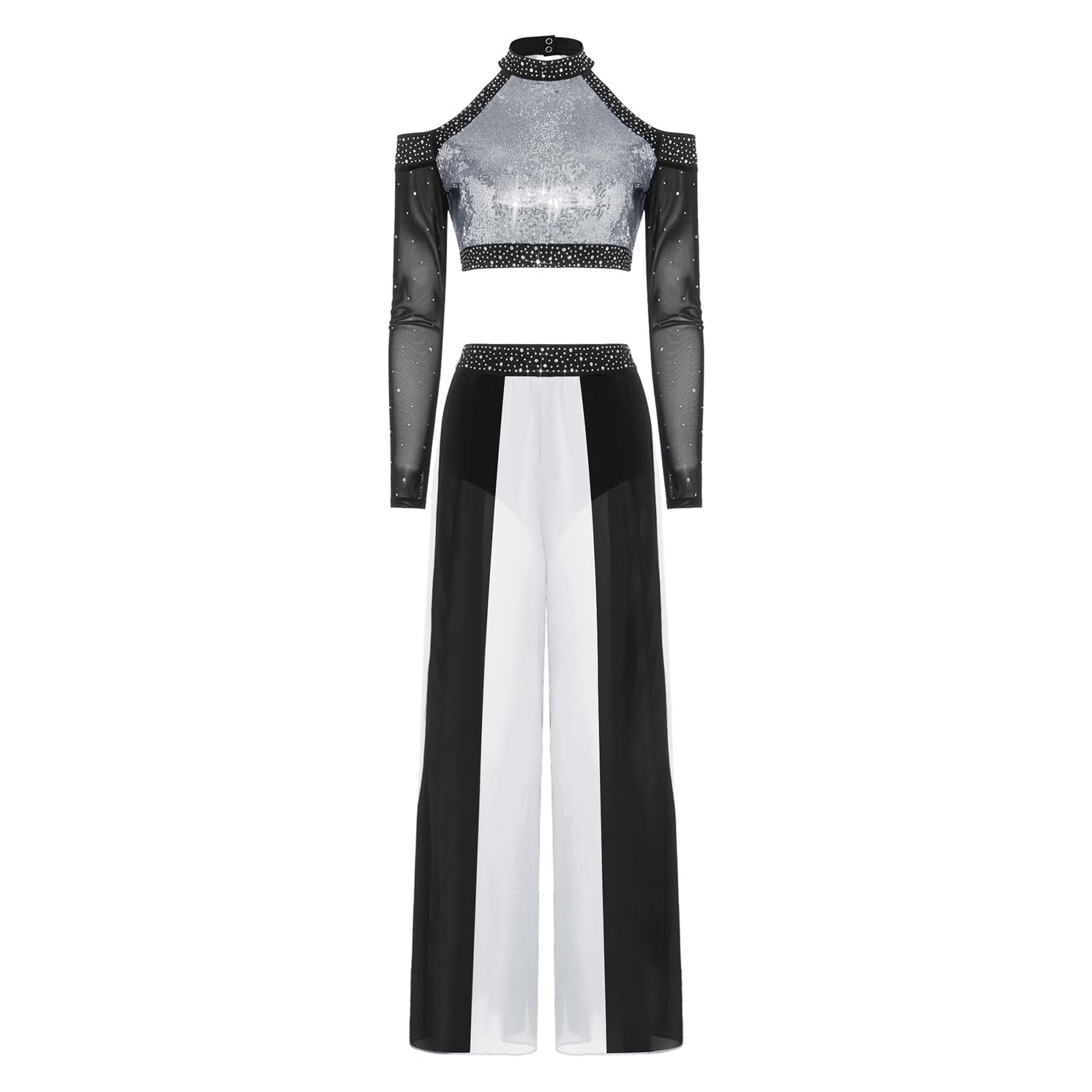 iEFiEL Donna Abbigliamento da Ballo Lirico A Due Pezzi Truccoletti con Sequine + Pantaloni Largo Pantalone Fenduti Completo Danza del Ventre