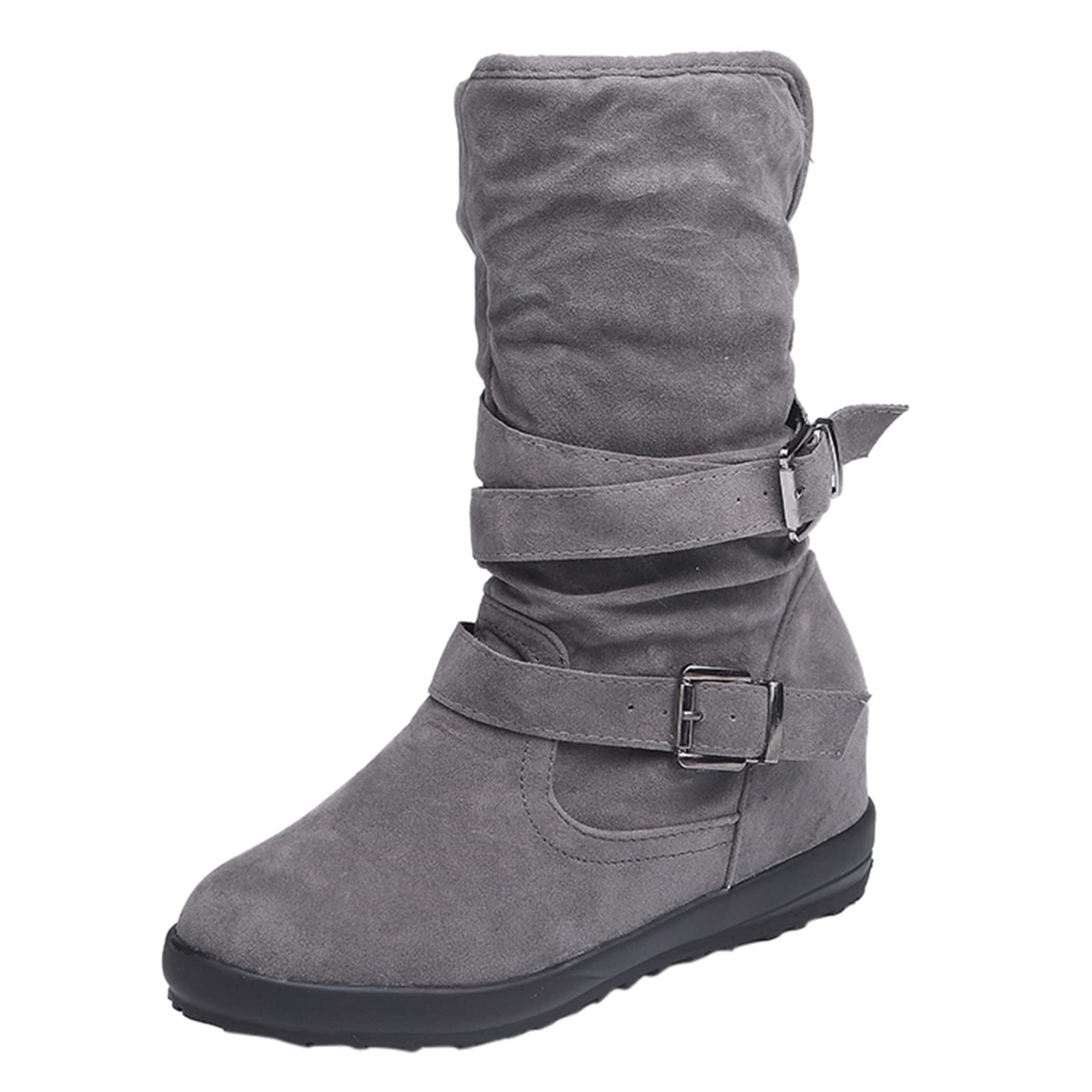 ZSpzx Mid Calf Casual Boots for Women Wide Calf Slouchy Ruched Suede Platforms Metal Buckle Straps Round Toe