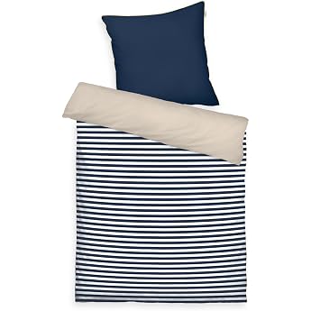 TOM TAILOR Percale Bed Linen 80 x 80 cm + 135 x 200 cm 100% Cotton/Percale with Reversible Motif Coloured Piping on Cushion and Branded Zip Stripes with a Kick Blue Beige Dark Navy & Sunny Sand