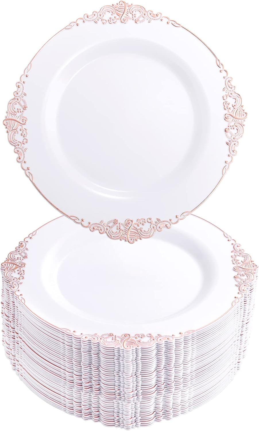 Morejoy 100pcs Plastic Plates - Disposable - 7.5 inch White and Rose Gold Dessert Plates for Weddings & Parties & Shower