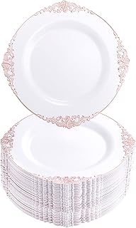 Morejoy 100pcs Plastic Plates - Disposable - 7.5 inch White and Rose Gol...