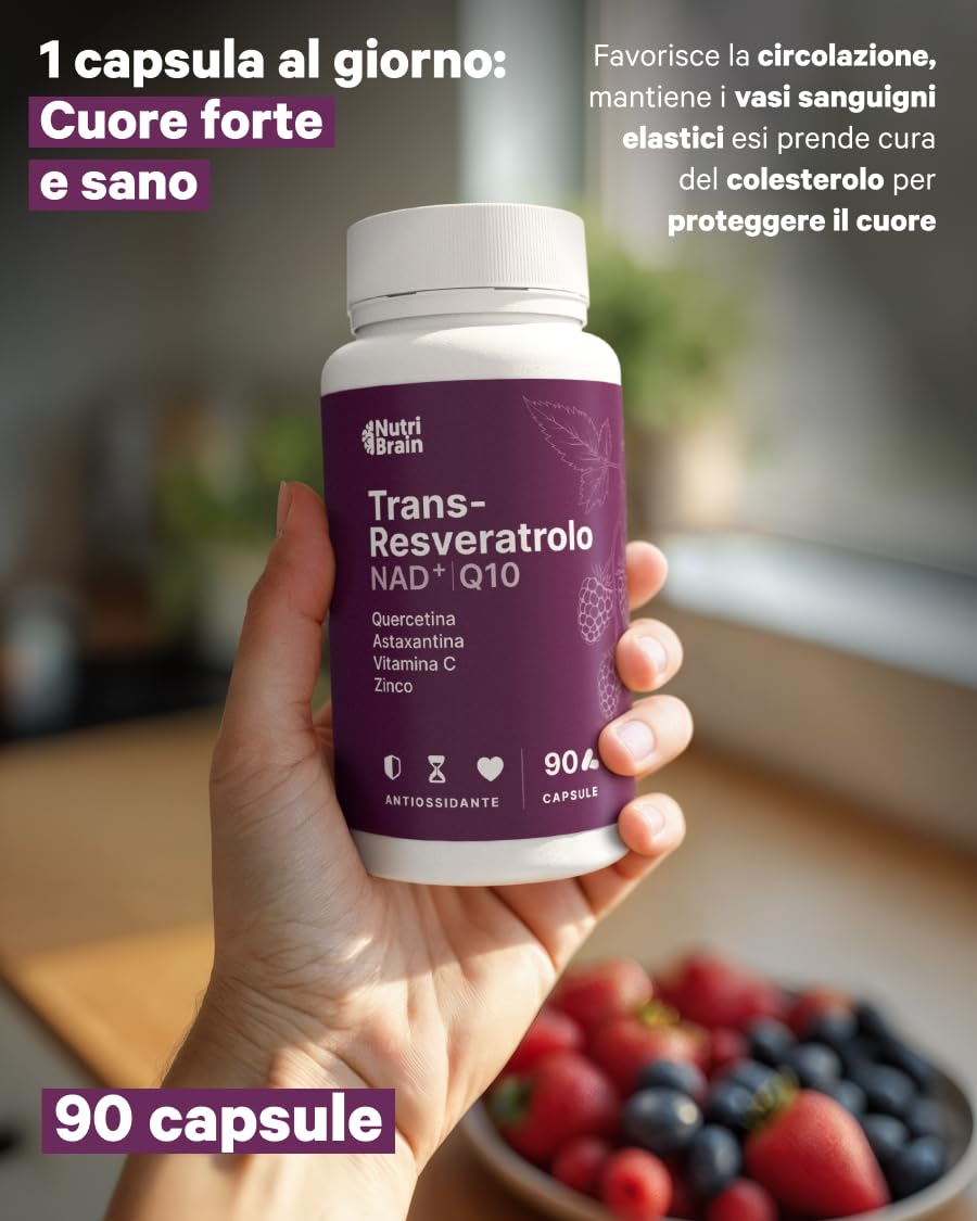 Trans-Resveratrolo, NAD⁺, Coenzima Q10, Quercetina, Astaxantina, Vitamina C e Zinco | Antiossidante, Anti-Età e Difese Immunitarie | 90 Capsule | Formula Avanzata con 7 Attivi Sinergici | 3 Mesi