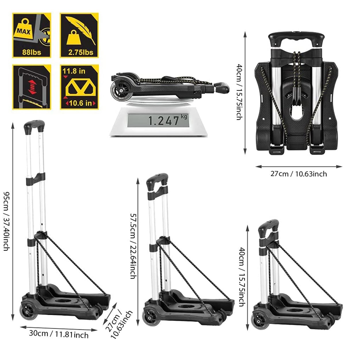 MAXBROTHERS Diable Pliant Chariot de Voyage-Capacité de Charge de 40 Kg Diable Pliant 2 Roues avec 2 Cordes Elastiques, Chariot Portable et Pliablecapacité pour Les Bagages,Shopping,Voyage