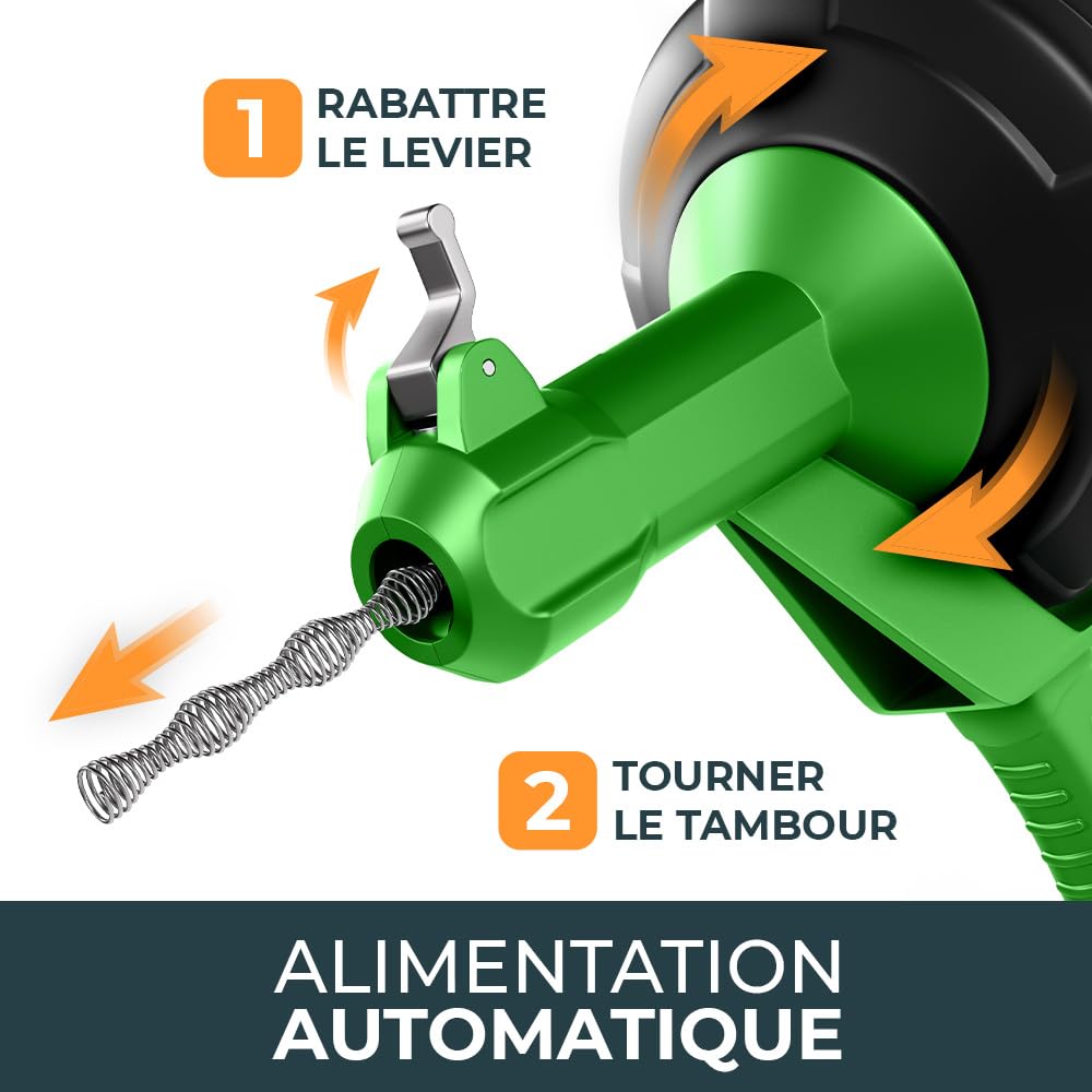 Meisterfaktur Furet Déboucheur Canalisation [7.5m] - Fonction Automatique - Furet Plomberie Idéale avec Poussée Automatique - Spirale de Nettoyage de Tuyaux pour Vrais Bricoleurs !