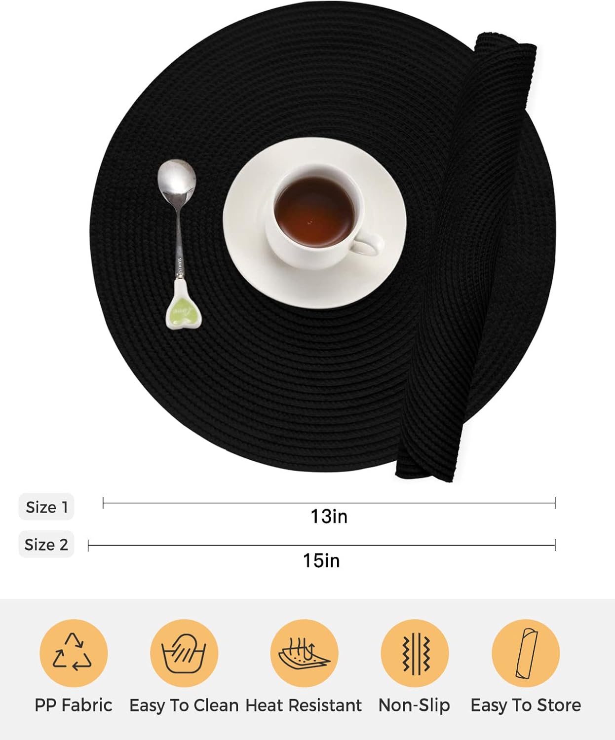 4PCS Round Braided Placemats,Black Washable Woven Placemats Coffee Mats 15 inch Heat Resistant Kitchen Table Mats for Dining Table