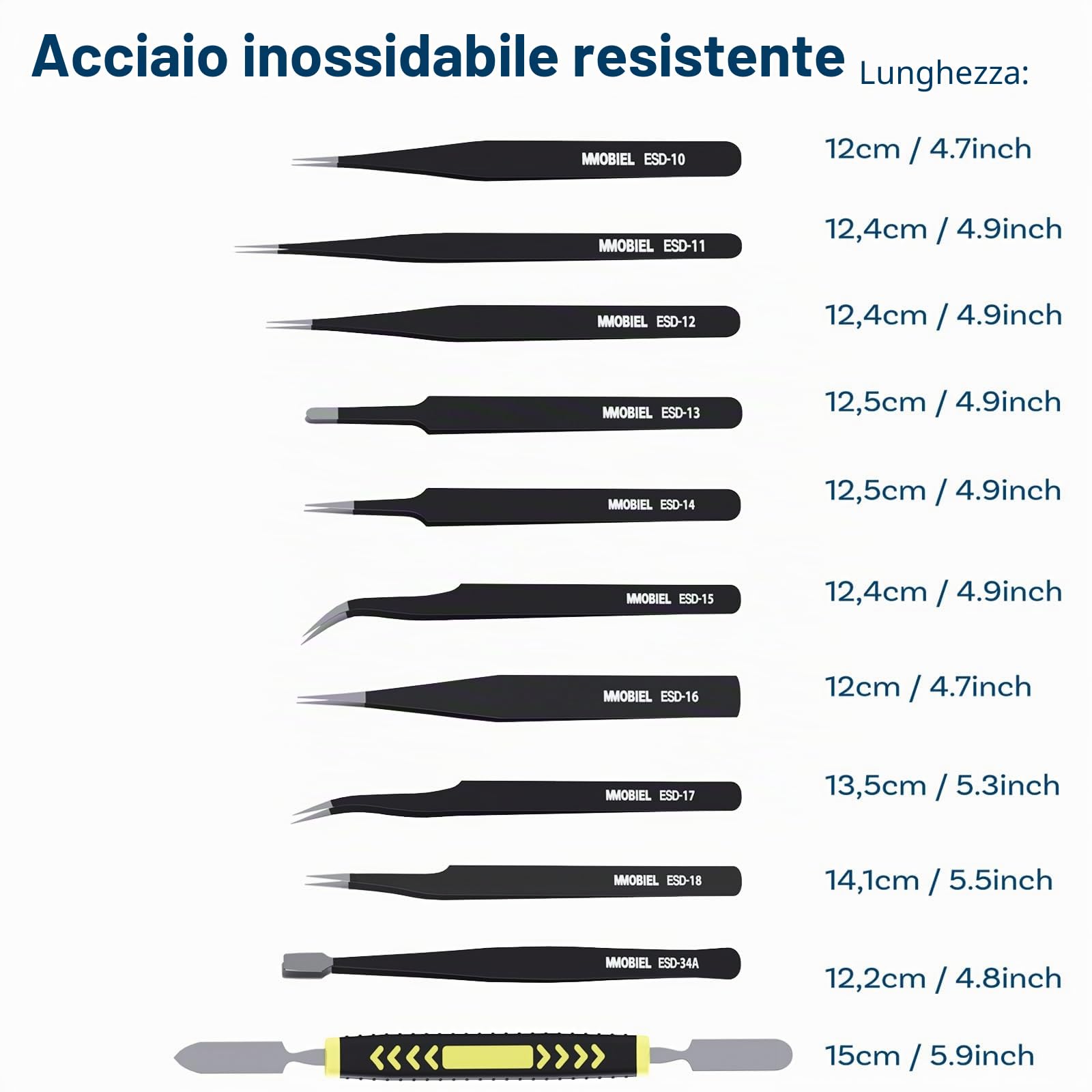 MMOBIEL 10x Pinzette ESD Antistatiche in Acciaio Inox di Precisione per Elettronica, Gioielli, Computer, Laboratorio - con Spatola e Custodia