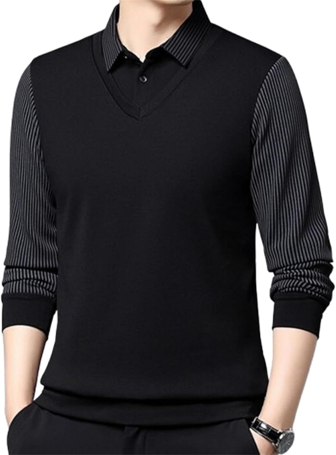 Men's Faux Two Piece Lapel Long-Sleeve Tops, Men's Striped Lapel Fake Two Piece Shirt, Casual Sweaters