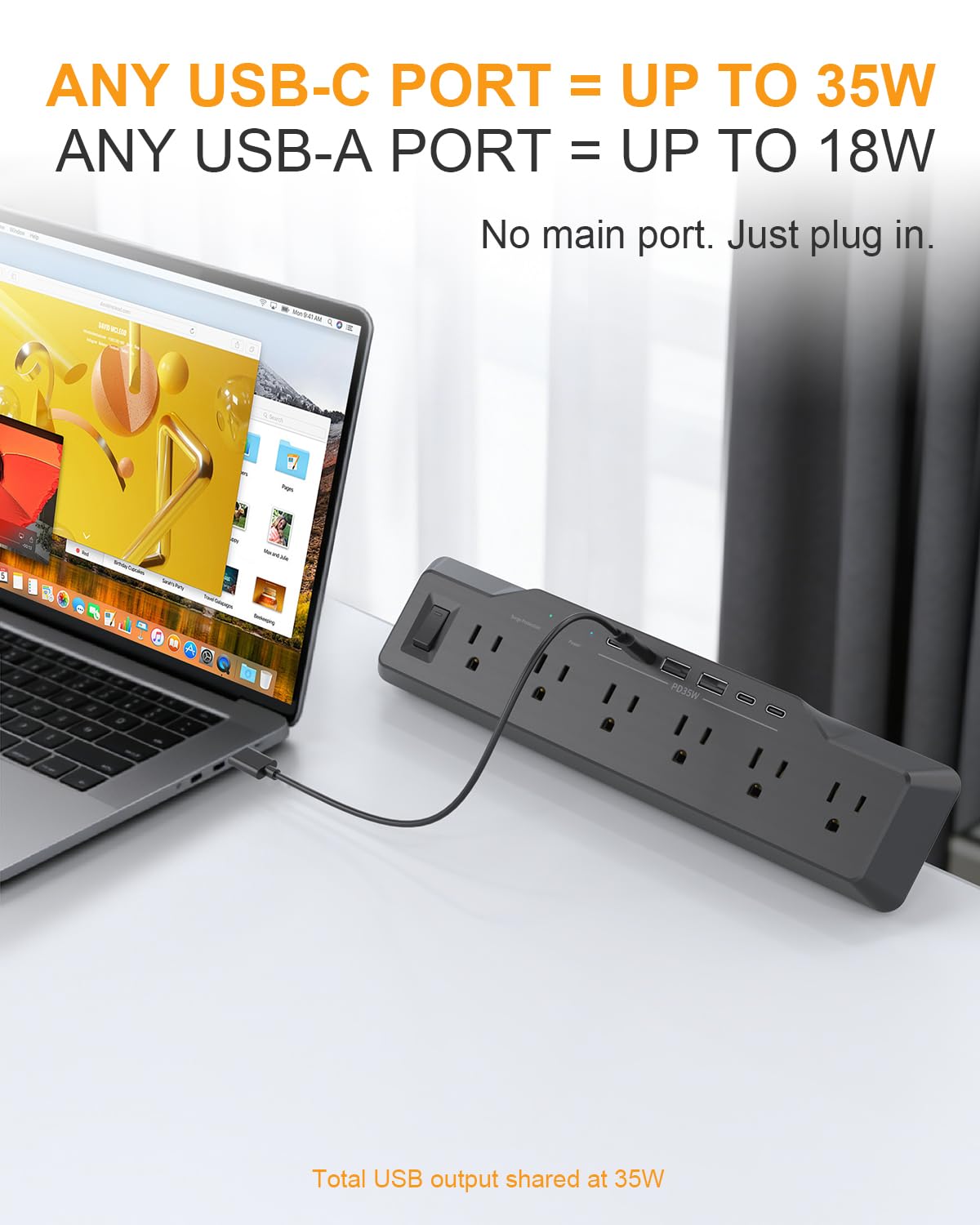 Zacisk komputerowy, ochrona przeciwprzepięciowa, 6 gniazd, płaska wtyczka, 1800J, 4 porty USB-C (dowolny port 35W), do domu i biura, ognioodporna obudowa PC-ABS, se