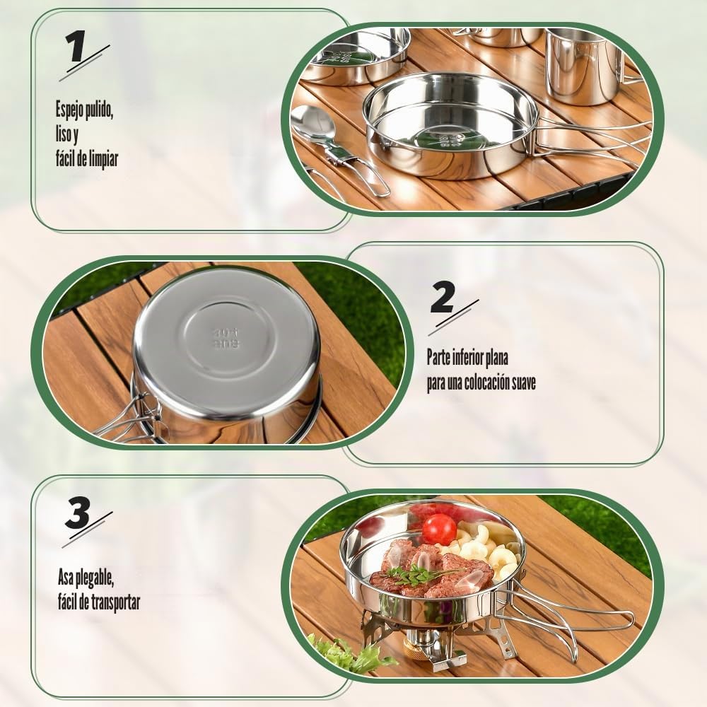 Kit Cocina Camping Acero Inoxidable, Juego de Ollas y Sartenes para Camping, Set de Cubiertos Plegable para Llevar, con Tenedor Cuchara Cuchillo y Bolsas, Kit Cocina Camping para 2-3 Personas