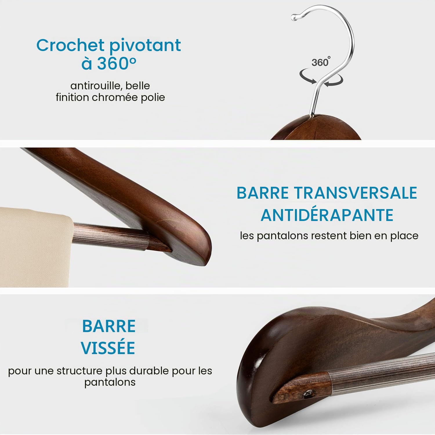 Cintres en bois très résistants avec épaules larges, lot de 6, cintres pour costumes et vêtements, cintres en bois pour costumes avec barre antidérapante pour pantalons (01 - Vintage wood)