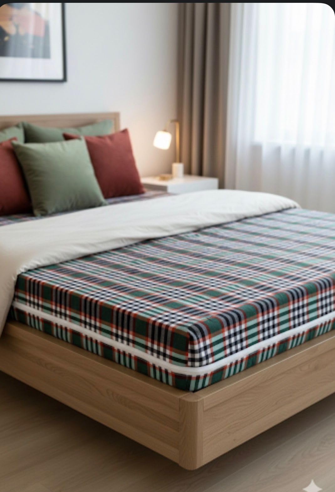Kiara Furnishing Bed Cover, Mattress Cover Cotton Mattress Protector Bed Covers with Zip (Green Check, 75 x 48 x 5 inch, 6.25 feet X 4 feet X 5inches)-image-13