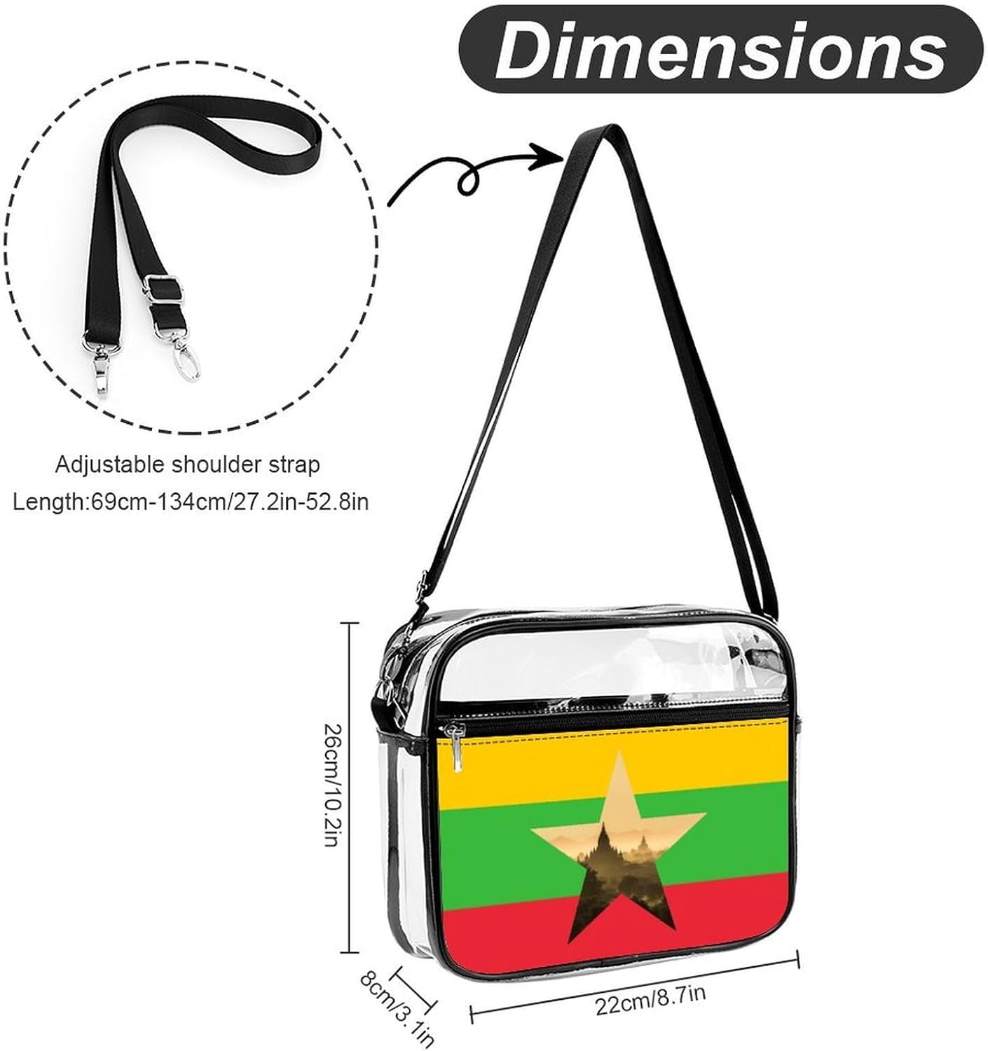 Myanmar Flag Burma Nature Clear Tote Bag Transparent Stadium Approved | crossbody,10*3.1*8.7",zippered closure,with adjustable strap